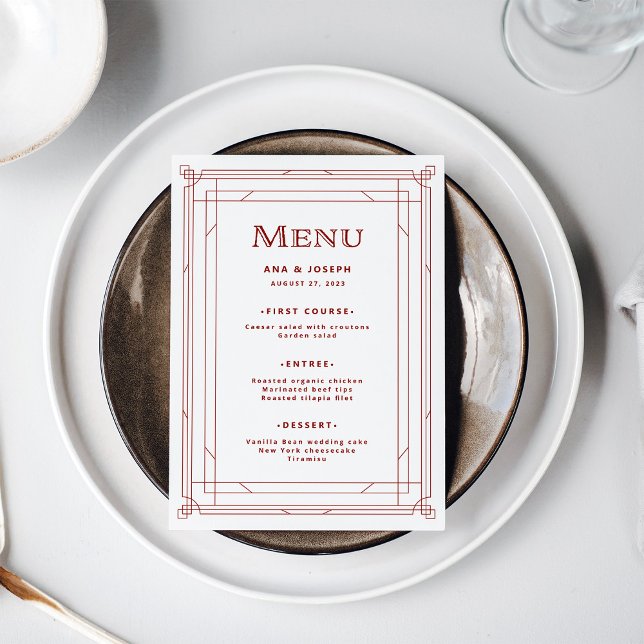 Menu Deco Moderno | Branca de Prata Leve com Casamento  (A festive, light silver white menu with red accents for your elegant holiday wedding)