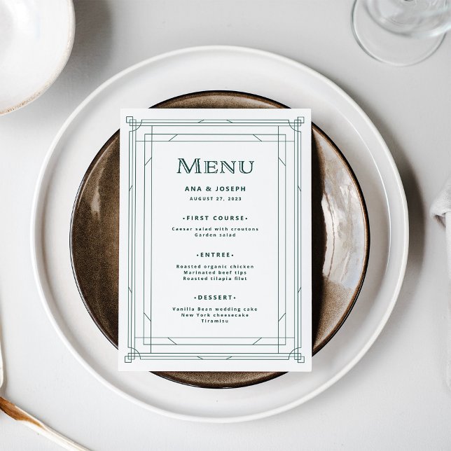 Menu Deco Moderno | Casamento Branco e Verde Prateado C (A festive light silver white menu with green accents for your elegant holiday wedding)