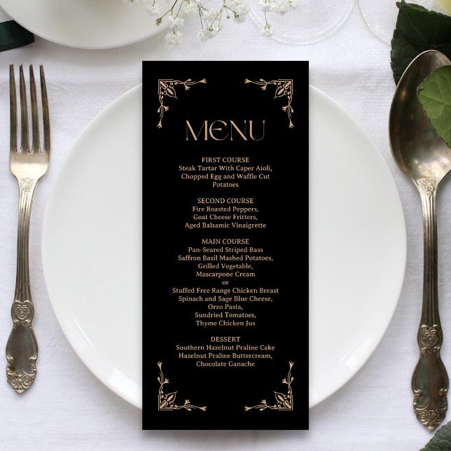 Menu Deco Moderno | Casamento Elegante em Preto e Doura (Elegant black and gold wedding menu adds refined style while guiding guests through your meal)