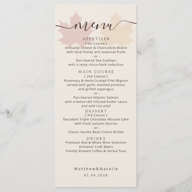 Menu Decoração de Casamento Boho com Folha de Bordo Ama (Frente)
