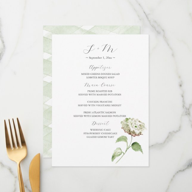 Menu Decoração de Mesa de Casamento com Hortênsias | Me (Frente/Verso In Situ)