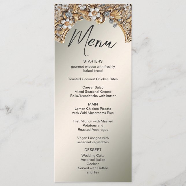 Menu Decorativo de Casamento Floral Branco Dourado (Frente)