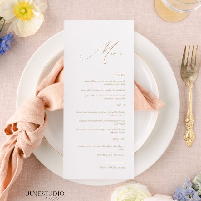 Menu Delicar Casamento de Script Moderno Elegante  (elegant dainty calligraphy gold wedding menu, delicate script gold menu wedding, classic simple )