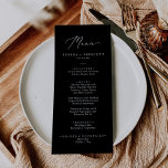 Menu Delicate White no Janto Casamento da Caligrafia Ne<br><div class="desc">Este delicado cartão de janto de casamento branco sobre caligrafia negra é perfeito para um casamento moderno. A design romântica minimalista apresenta uma magnífica e elegante tipografia branca num fundo preto com um aspecto simples e limpo. Este menu pode ser usado para recepção de casamento, janto de ensaio ou qualquer...</div>