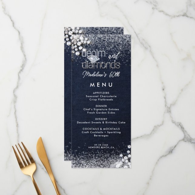 Menu Denim Diamonds Bling Classy Elegant Birthday Party (Frente/Verso In Situ)