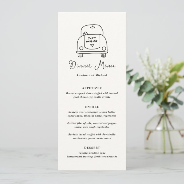 Menu Desenho à Mão de Carro Casamento Moderno (Em pé/Frente)