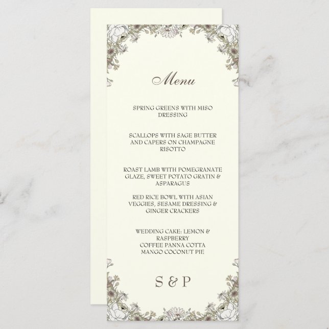 Menu Desenho de flores marfim casamento romântico (Frente/Verso)