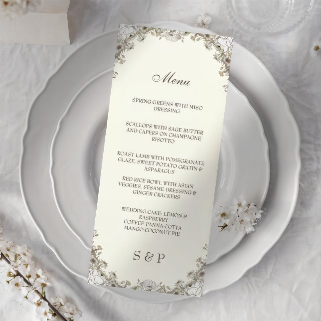 Menu Desenho de flores marfim casamento romântico (Criador carregado)