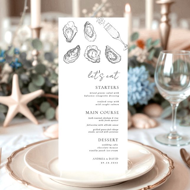 Menu Desenho de Ostras de Champanhe Eat Casamento Branc (Criador carregado)