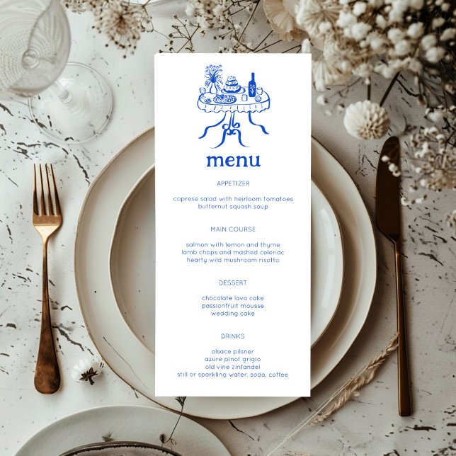 Menu Desenho moderno de porta de Mesa de buffet Whimsic (Whimsical Buffet Table Doodle Sketch Modern CUSTOM Blue and White Wedding Engagement Party Menu
)