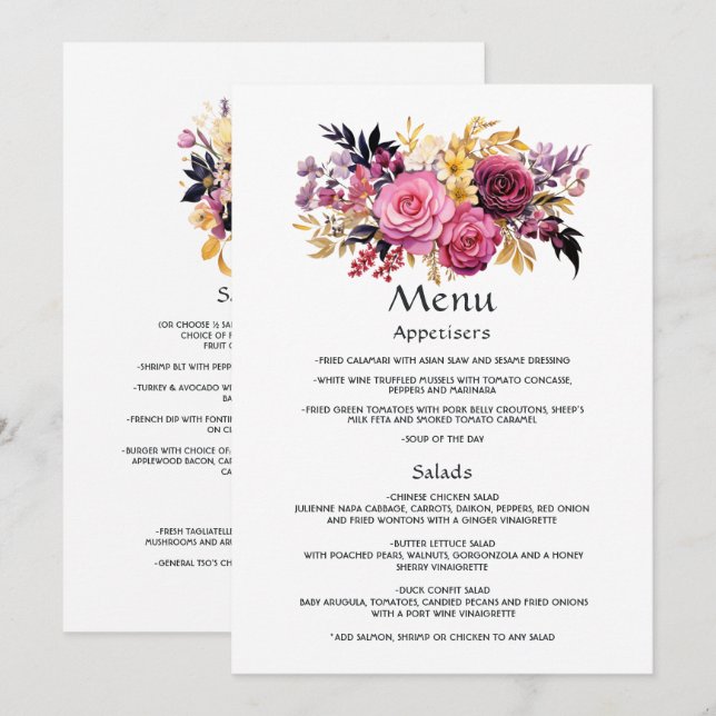Menu Detalhes de Convidados Florais Rosa, Roxo, Preto e (Frente/Verso)