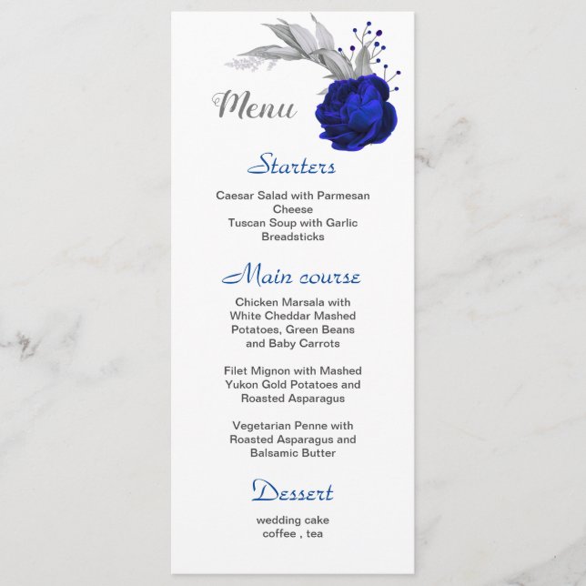 Menu dia de casamento branco da flor azul real da prata (Frente)