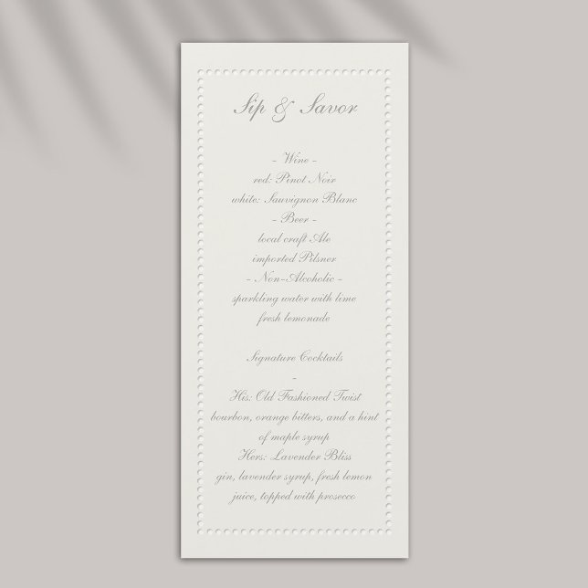 Menu do Bar de Casamento de Frame de Frame Embarca (formal wedding bar menu traditional faux embossed beaded frame ecru eggshell elegant black tie)