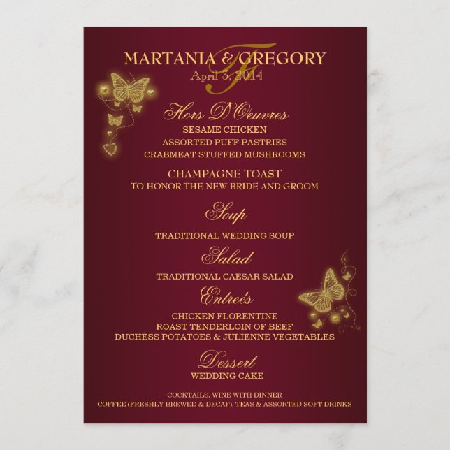 Menu do casamento da borboleta do ouro de Borgonha (Frente)