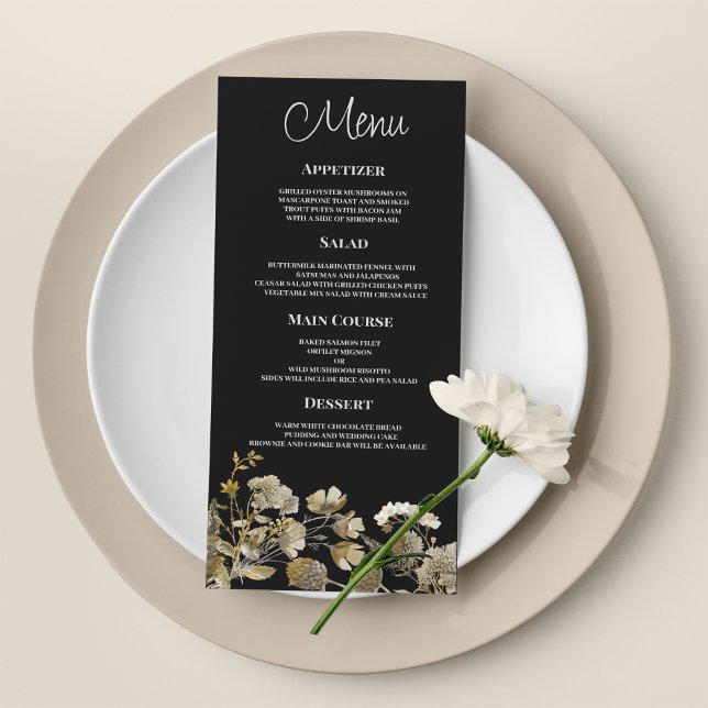 Menu do casamento no inverno de flor-silvestre pre (Ivory brown black wildflower winter Wedding Menu)