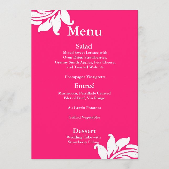 Menu do Casamento tema damasco Rosa Quente (Frente)