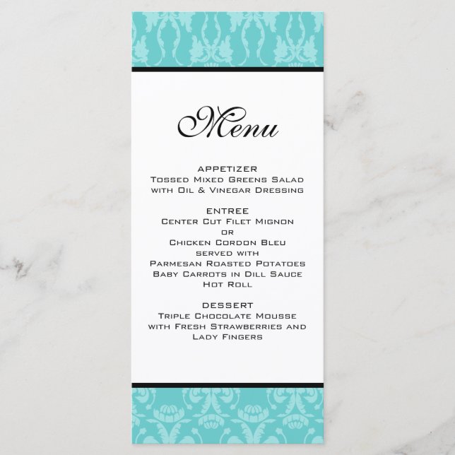 Menu do Casamento tema damasco Teal (Frente)