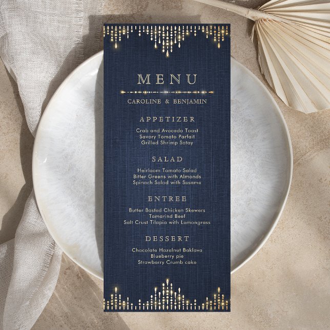 Menu do casamento vintage de deco do marinho com b (Glam gold glitter navy deco vintage wedding menu)