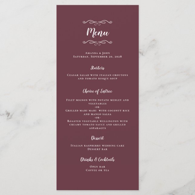 Menu do Janto Burgandy para Caligrafia de Casament (Frente)