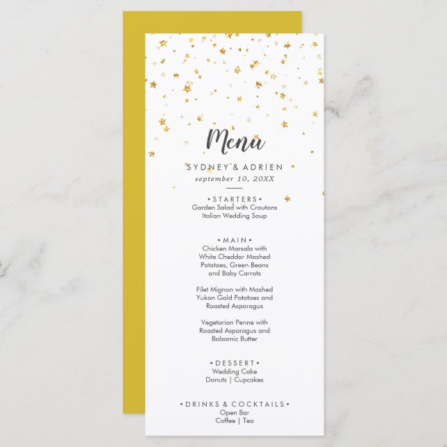 Menu do Janto de Casamento de Confetti Dourado (Frente/Verso)