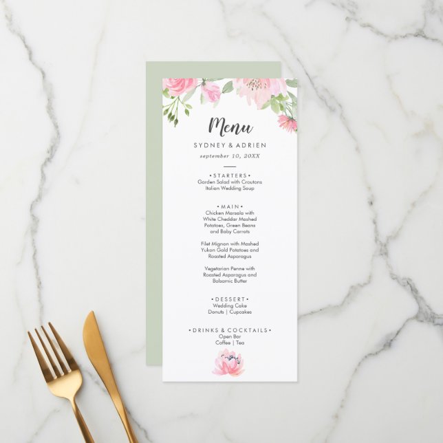 Menu do Janto de Casamento de Peony primavera (Frente/Verso In Situ)
