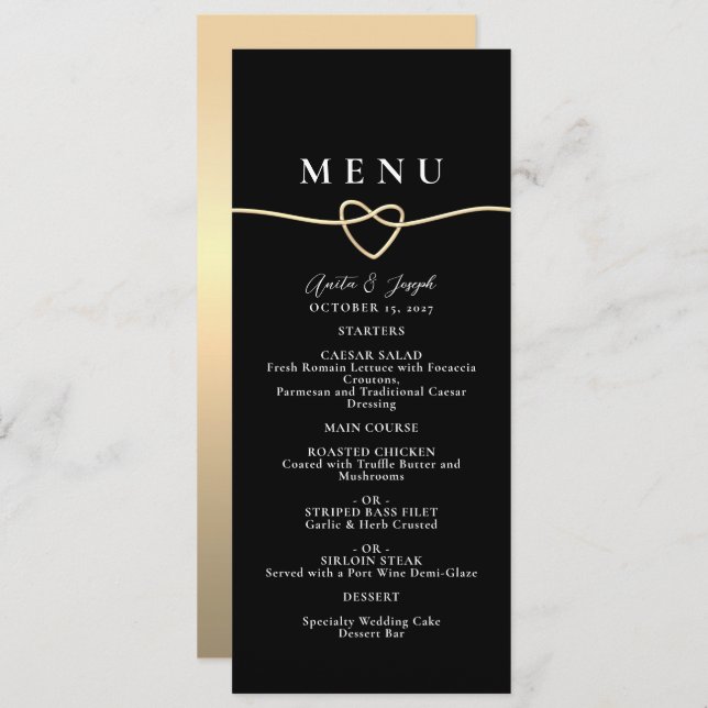 Menu do Janto de Casamento Negro Dourado Elegante (Frente/Verso)