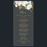 Menu do Janto de Casamento Preto e Branco da Magno<br><div class="desc">Este elegante cartão de janto de casamento preto e branco de magnólia é perfeito para um casamento clássico moderno. O moody floral design apresenta uma cor d'água, cor rosa pincelada, impressionantes flores brancas de magnólia e algodão com ouro e folhas verdes num arranjo luxuoso sobre fundo escuro. Este menu pode...</div>