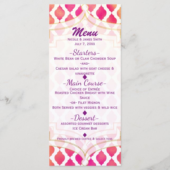 Menu do Partido Glam marroquino Pink & Orange Arab (Frente)