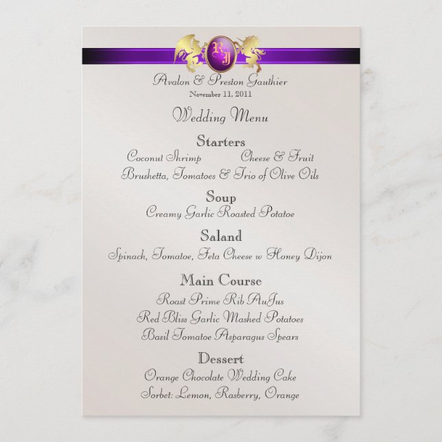 Menu do príncipe & da princesa Roxo Jóia Crista (Frente)