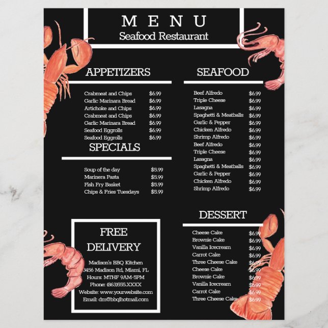 Menu do Restaurante do Marisco do Caranguejo da Aq (Frente)