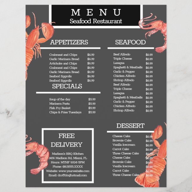 Menu do Restaurante do Marisco do Caranguejo da Aq (Frente)