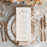 Menu Doce e Whimsical | Casamento de Ivory e Sage Green<br><div class="desc">Este simples e na moda, creme de marfim e cartões de cardápio verde de sábio apresentam tipografia de script de estilo vintage. Adicione suas opções de janto para iniciantes ou aperitivos, primeiro curso, prato principal ou entrada e sobremesas. Um olhar elegante e clássico minimalista que ainda é único e contemporâneo...</div>