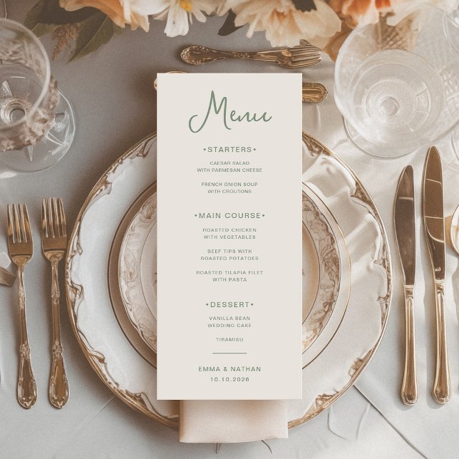 Menu Doce e Whimsical | Casamento de Ivory e Sage Green (An elegant, ivory cream wedding menu with trendy sage green typography)