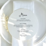 Menu Doce e Whimsical | Casamento Negro e Branco<br><div class="desc">Estes cartões de cardápio redondo, preto e branco, simples e na moda, apresentam tipografia de scripts brancos, estilo vintage. Adicione suas opções de janto para iniciantes ou aperitivos, primeiro curso, prato principal ou entrada e sobremesas. Um olhar elegante e clássico minimalista que ainda é único e contemporâneo e é perfeito...</div>