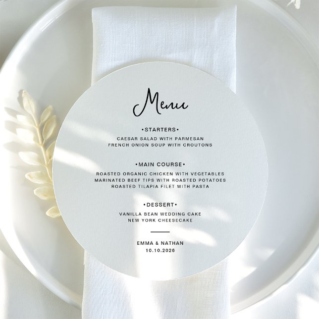 Menu Doce e Whimsical | Casamento Negro e Branco (A sweet and whimsical, black and white round wedding menu)