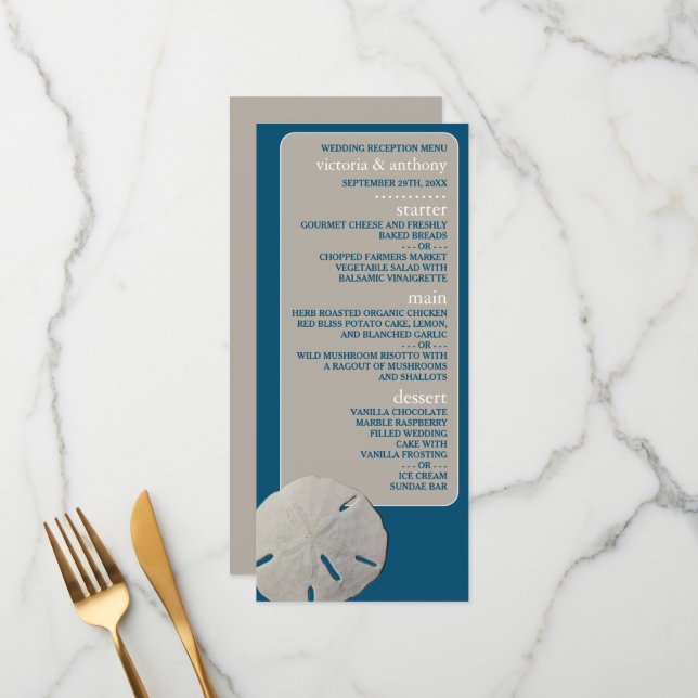 Menu Dólar de areia, Casamento de Praia Azul de Oceano (Frente/Verso In Situ)