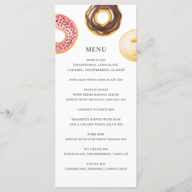 Menu Donuts de aquarela. Bolo simples café sobremesa (Frente)