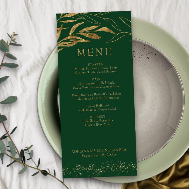 Menu Dourada Leaf e Confetti Emerald Green (Emerald Green and Gold Menu from my Gold Leaf Quinceanera Collection)