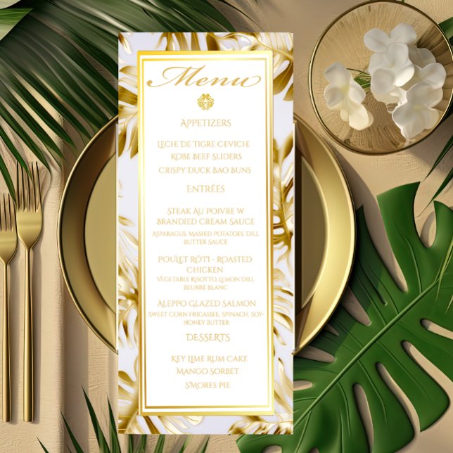 Menu Dourado Casamento Elegante Monstera Branca (Criador carregado)