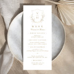 Menu Dourado casamento simples da crista botânica monog<br><div class="desc">Iniciais monogramas emolduradas por folhas botânicas elegantes e ilustradas à mão,  detalhes cardápicos em caracteres elegantes e clássicos,  simples e luxuosos. Excelente de ouro e cardápio branco para casamento clássico moderno,  casamento formal simples,  casamento botânico elegante. Veja todas as peças correspondentes na coleção.</div>