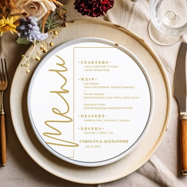 Menu Dourado Chic em Branco Redondo (Chic white round menu with your details in gold lettering (not metallic))