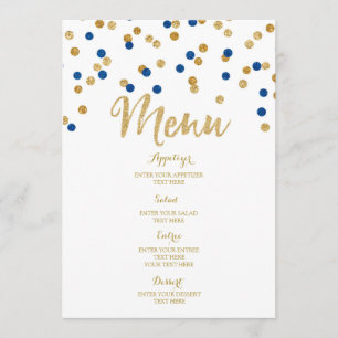 Menu Dourado de Casamento Azul Escuro de Confetti