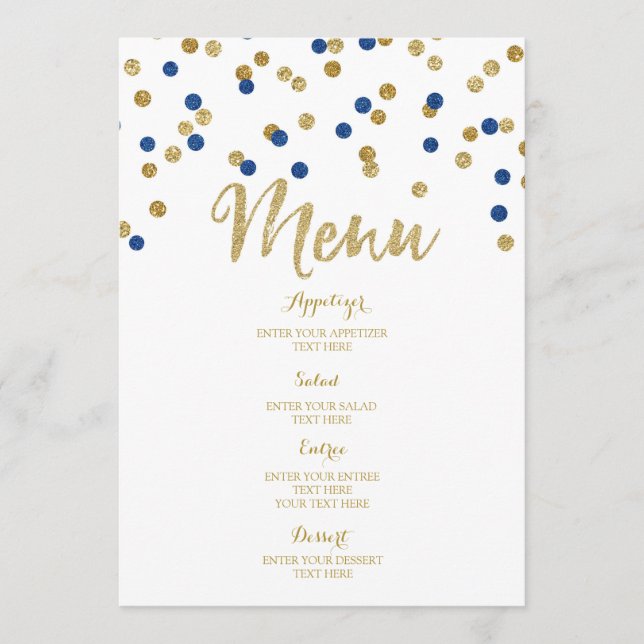 Menu Dourado de Casamento Azul Escuro de Confetti (Frente)