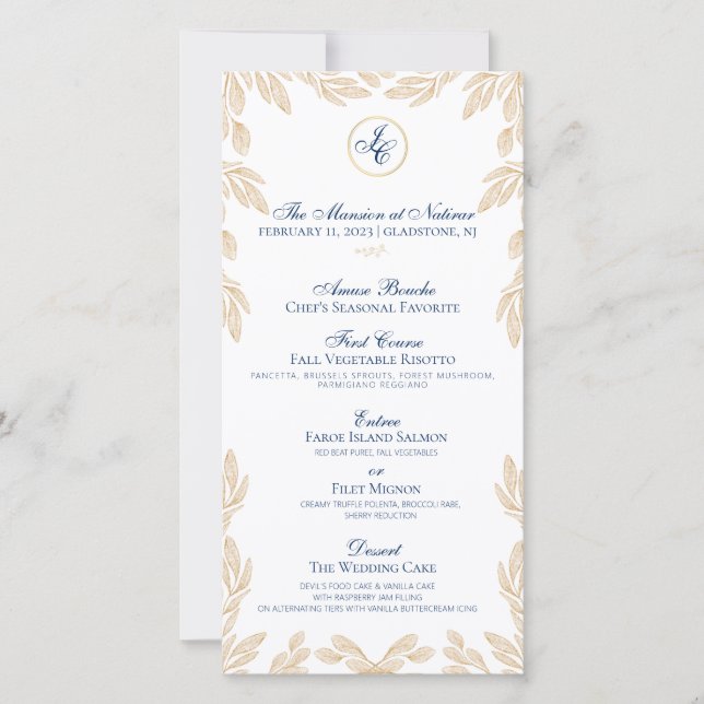 Menu Dourado de Casamento Botânico Folha (Frente)