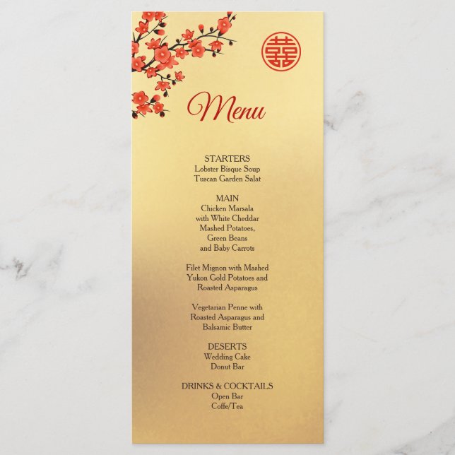 Menu Dourado de Casamento Chinês Red Cherry Blosso (Frente)