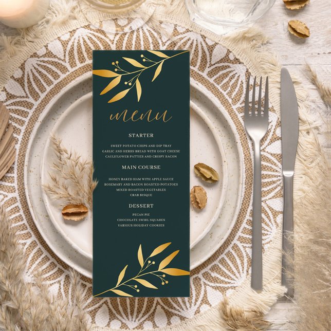 Menu Dourado de Casamento de Folha Elegante (Criador carregado)