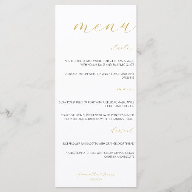 Menu Dourado de Casamento de Script Moderno e Mini (Frente)