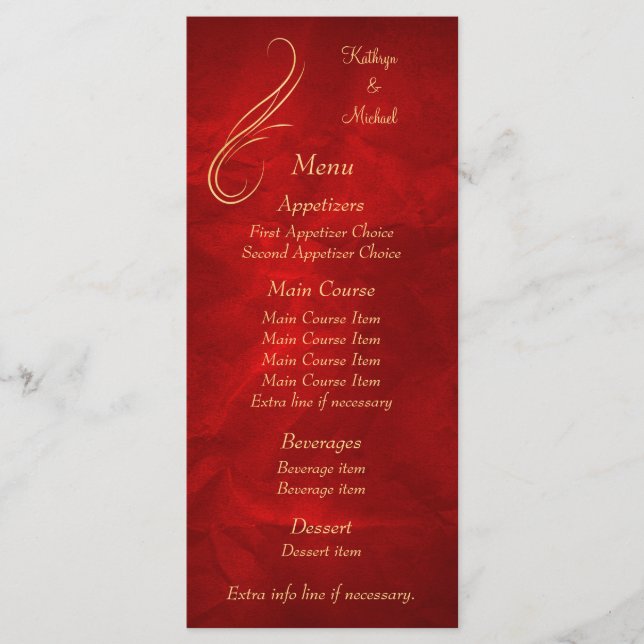Menu Dourado de Casamento Vermelho Brilhante (Frente)