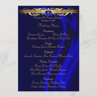 Menu Dourado de seda azul do casamento do rolo do