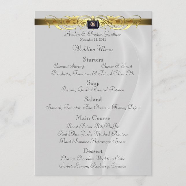 Menu Dourado de seda branco do casamento do rolo (Frente)